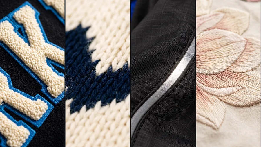 Four close ups: chenille lettering, an intarsia knit, reflective piping and thread painted petals