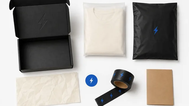 Black mailer box, polybags and tissue with a bolt logo