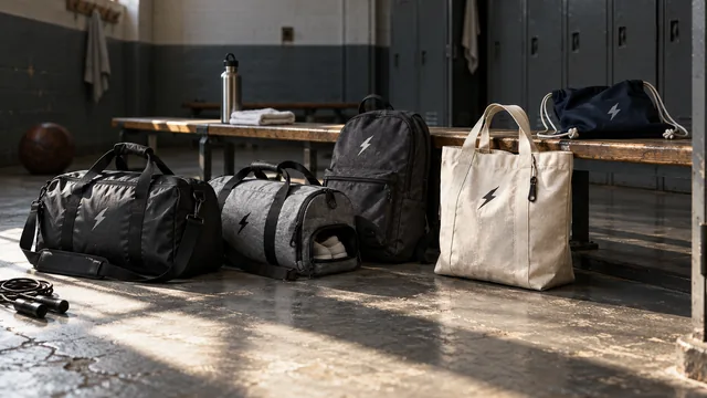 Duffel, gym bag, backpack, tote and drawstring bag in a locker room
