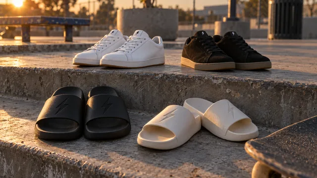 Slides and plain sneakers on skate plaza steps