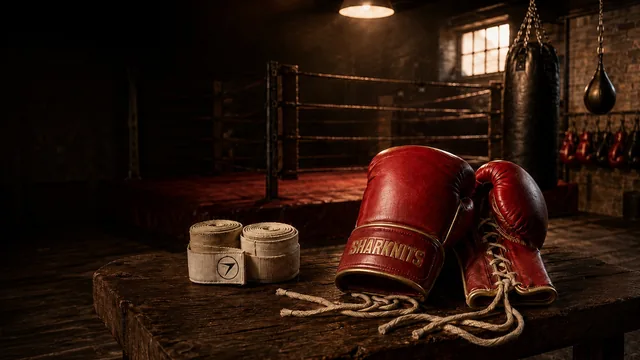 Red boxing gloves and hand wraps in a boxing gym
