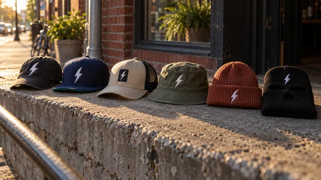Six caps and hats lined up on a sunny ledge