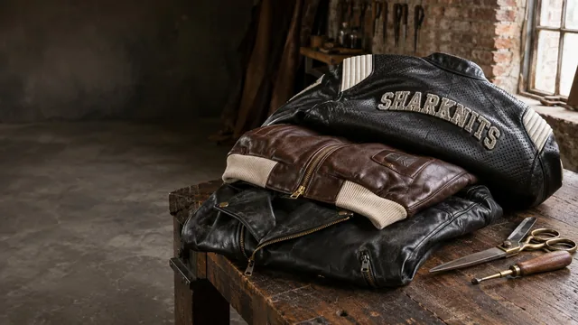 Stack of leather jackets on a workbench