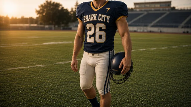 Football player in a navy jersey walking onto the field