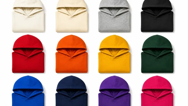 Twelve hoodies in a color range, folded flat