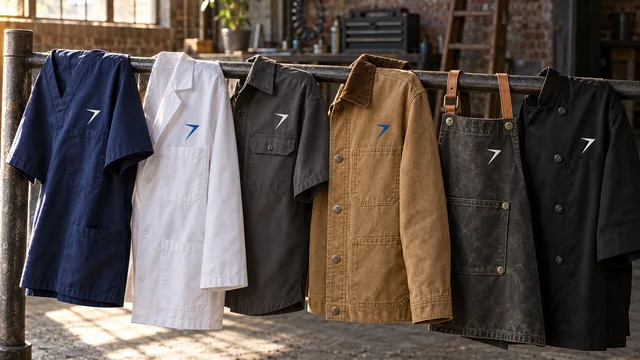 Six uniforms on a steel rail: navy scrub top, white lab coat, charcoal work shirt, tan canvas work jacket, charcoal apron and black chef coat
