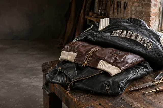 Three leather jackets stacked on a wooden bench, the top one black with SHARKNITS in chenille letters across the back