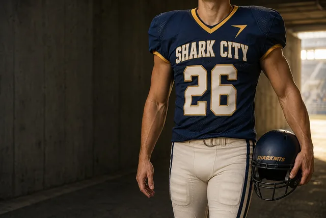 Football player in a navy SHARK CITY jersey with number 26, holding his helmet in a stadium tunnel