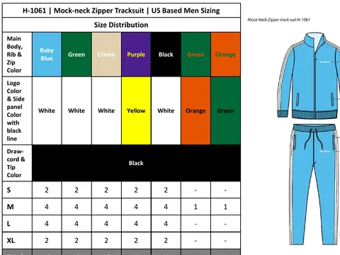 Size and color sheet for the Saint Parma tracksuit