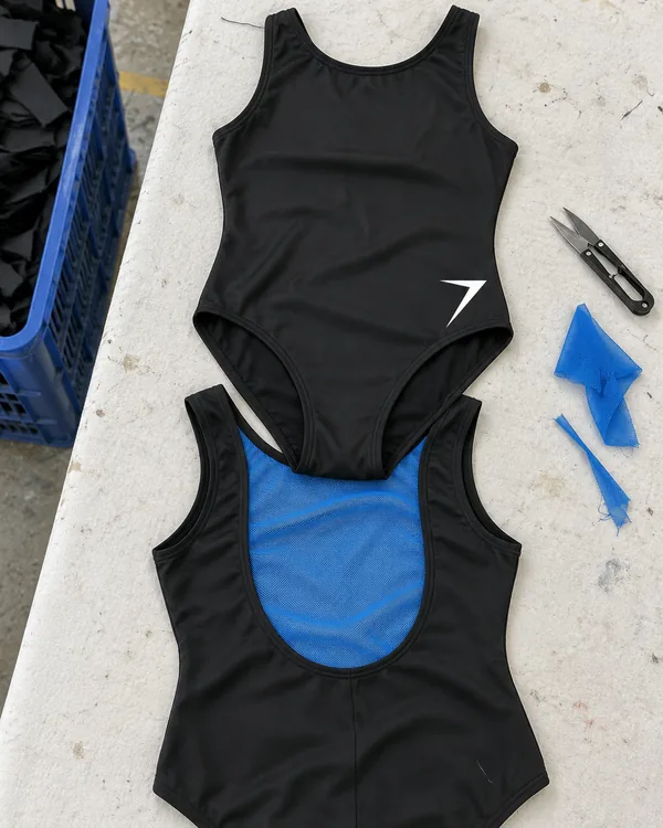 The ADAGIO tank leotard laid flat, front and back: black, with a white bolt at the hip and a sheer blue mesh back