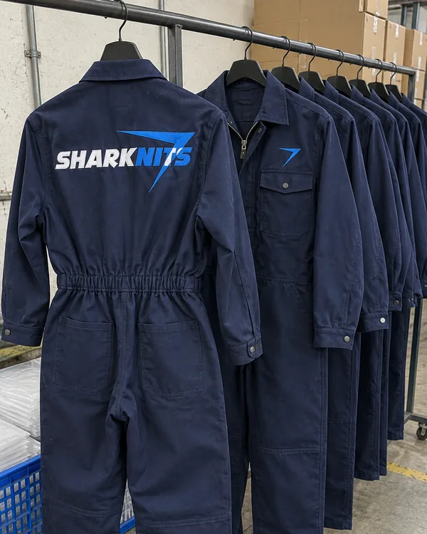 Dark navy coveralls on a factory rail, the nearest turned to show SHARKNITS embroidered across the back