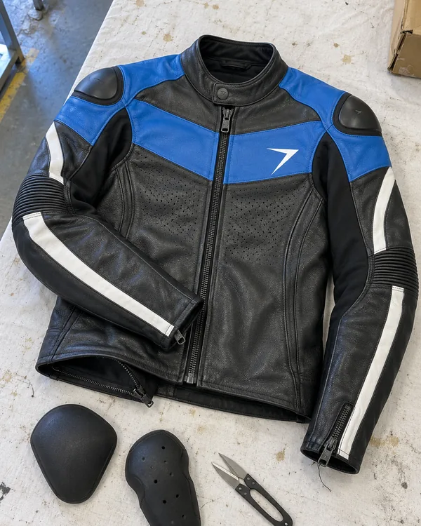A black leather sport jacket with blue chest panels and white sleeve stripes laid flat, beside two foam pads