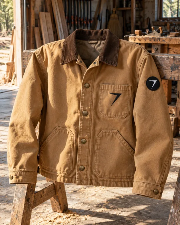 Tan BEAM canvas work jacket with a corduroy collar and a bolt on the pocket