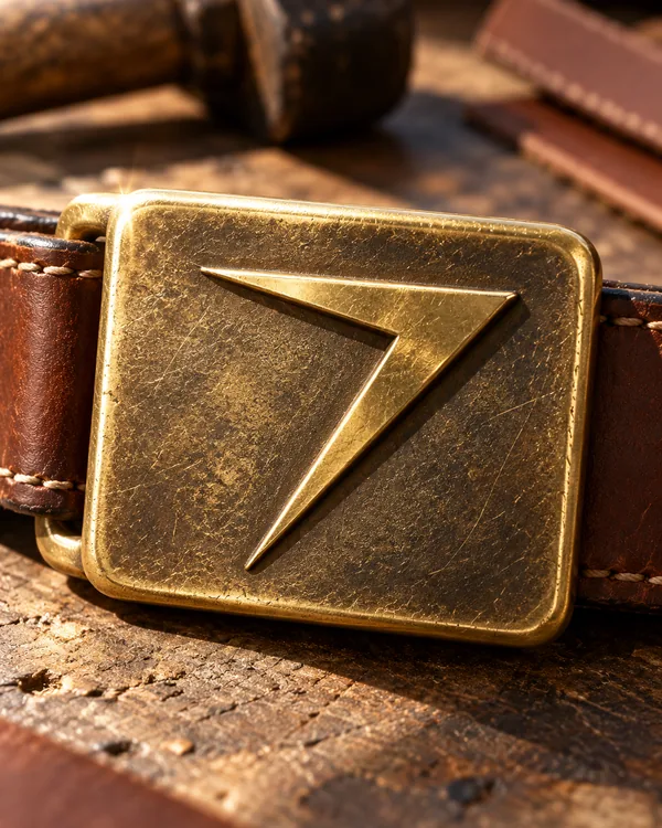 BRIDLE leather belt with a cast buckle, close up