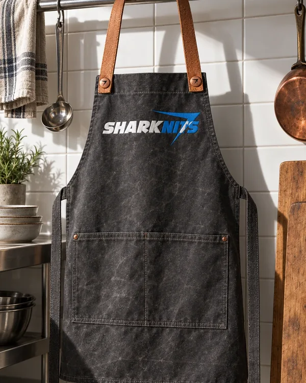 Charcoal BRIGADE waxed canvas bib apron with SHARKNITS across the bib and a leather neck strap