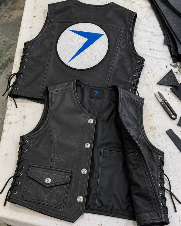 Two black leather club vests on a table, one showing a round back patch with a blue bolt, one open at the front