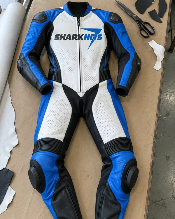 A one-piece leather race suit in white, blue and black laid on brown paper, with SHARKNITS across the chest