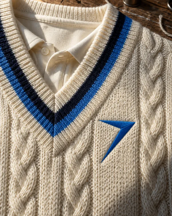 Close up of the CREASE sweater: navy and blue stripes knitted into the V-neck rib, and a blue bolt in raised satin stitch