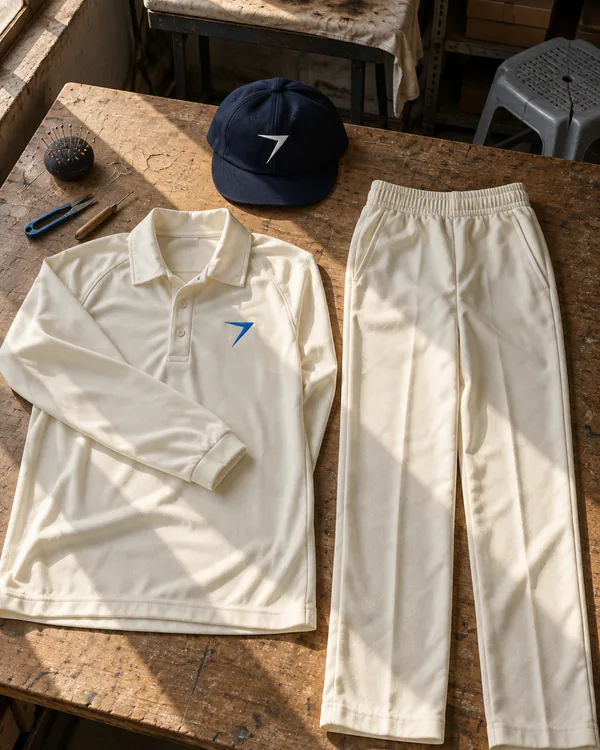 CREASE whites laid flat: a cream long sleeve shirt with a blue bolt, cream trousers and a navy cap with a white bolt