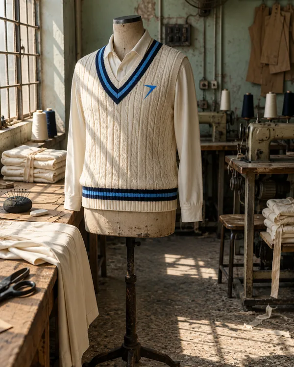 CREASE cricket whites on a dress form: a cream cable knit vest with navy and blue stripes at the V-neck and the waist, over a long sleeve cricket shirt