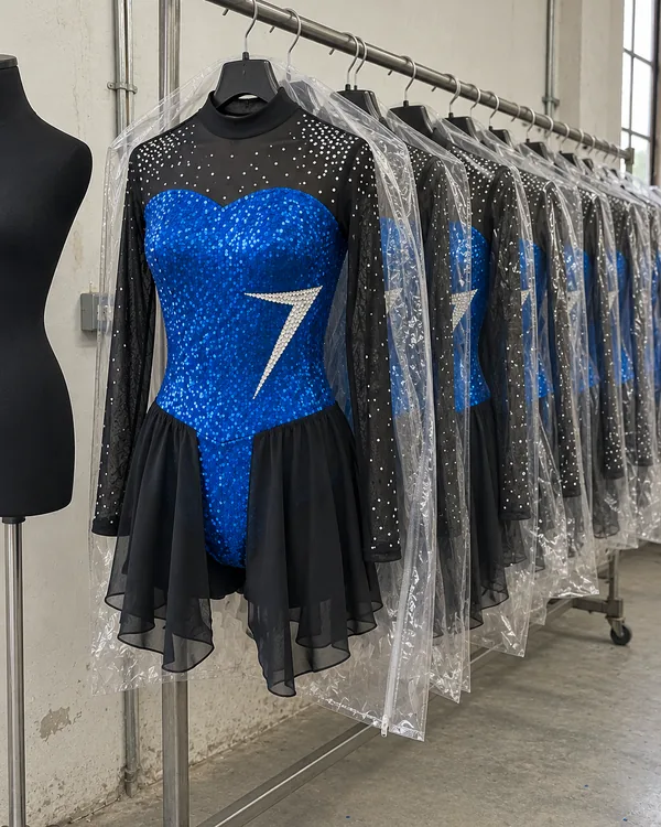 Competition costumes on a factory rail: blue sequin bodices, sheer black sleeves with clear stones and black skirts, the rest of the run in clear garment bags