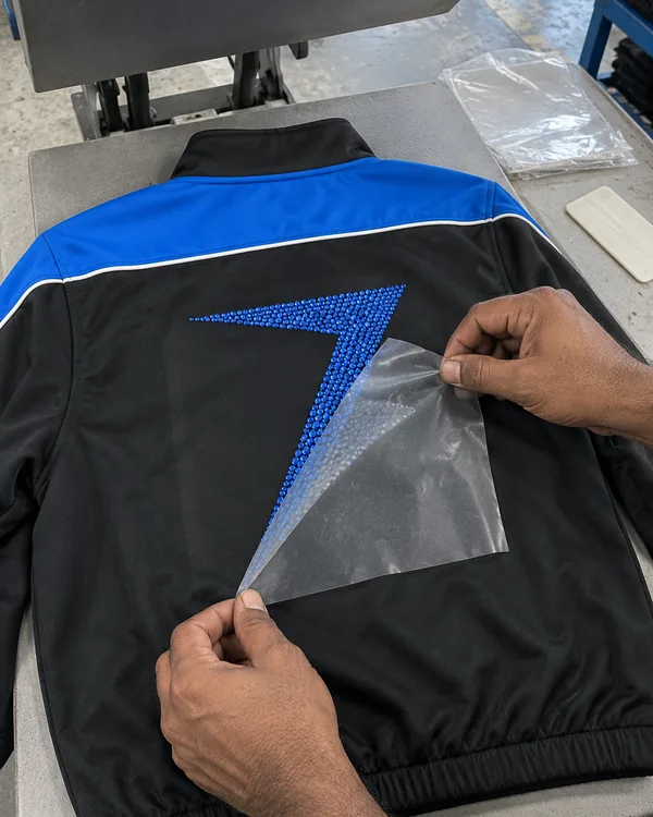 Hands peel clear transfer film off a bolt of blue stones on the back of a black team jacket, at a heat press