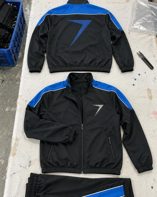 The FINALE jacket, back and front, and warm-up pants laid flat: black with blue panels, white piping and a bolt in blue stones on the back