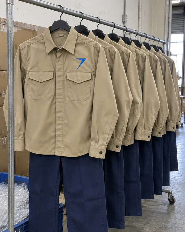 Khaki work shirts over dark navy work pants on a factory rail, the nearest with a blue bolt above the left pocket