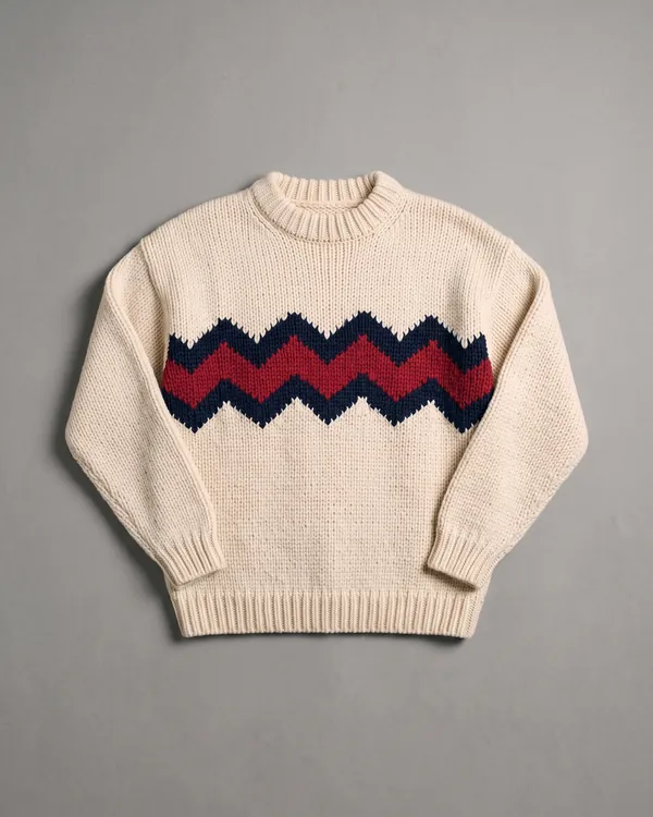 GAUGE cream crewneck sweater laid flat, with a navy and red zigzag knitted across the chest