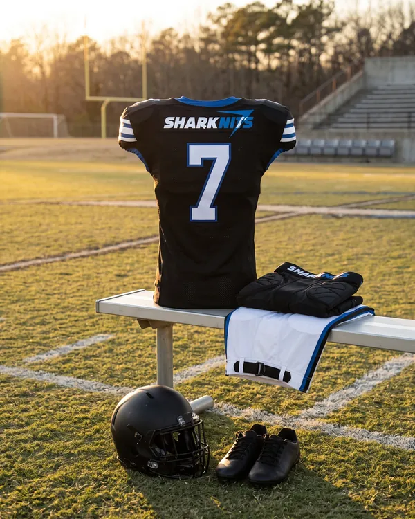 GRIDIRON jersey, padded girdle and pants on a bench by the field