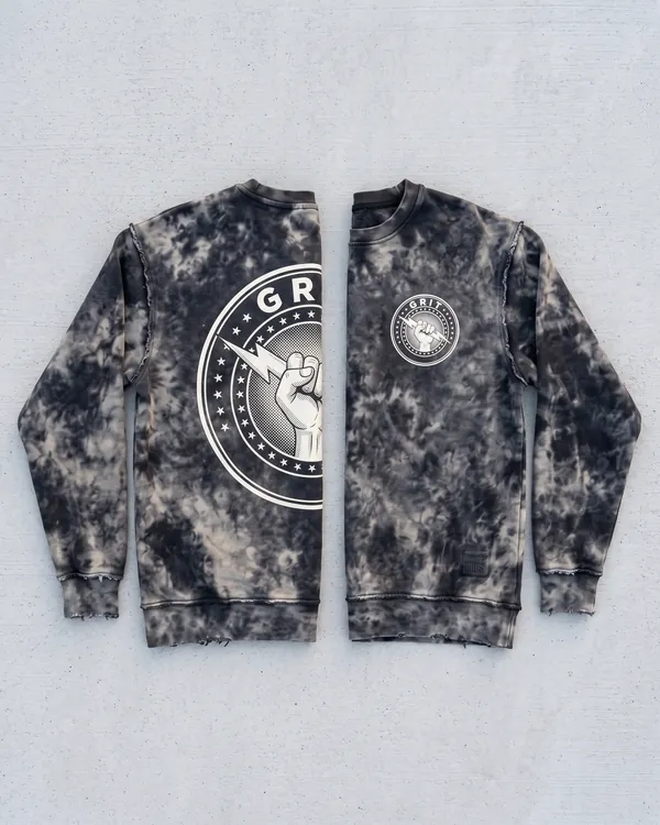 GRIT acid wash crewneck, front and back