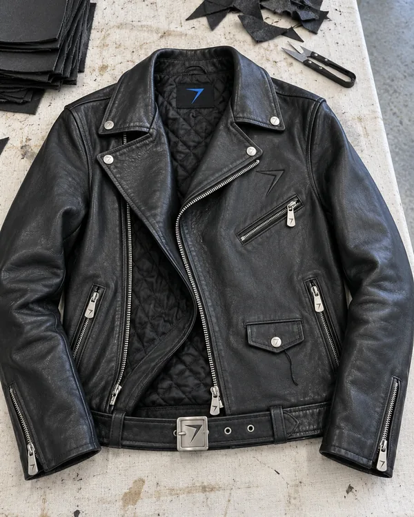 A black leather cruiser jacket laid flat with its zip half open, showing a quilted lining, a belt and zipped cuffs