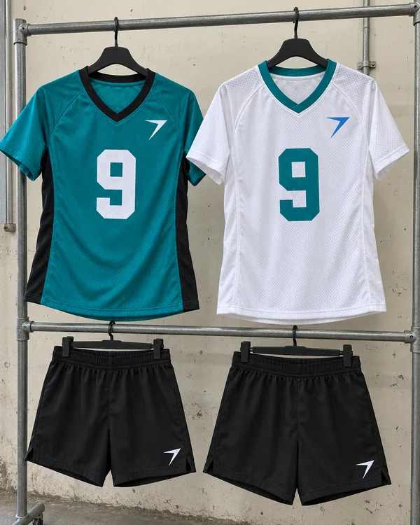 A teal flag football jersey and a white one, each with a 9, on a rail above two pairs of black shorts