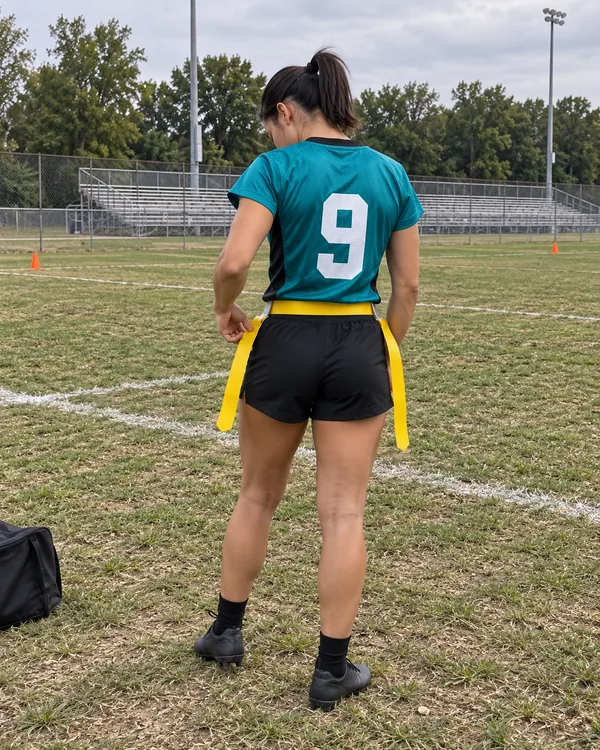 A flag football player seen from behind on a field, in a teal jersey with a white 9, black shorts and a yellow flag belt