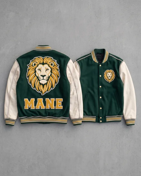 MANE varsity jacket in green wool with cream leather sleeves, front and back