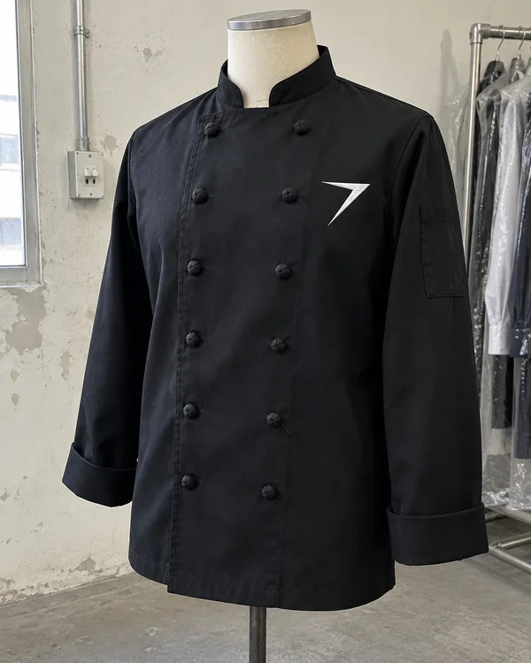 The MISE chef coat on a dress form: black and double-breasted, with fabric knot buttons and a white bolt on the chest