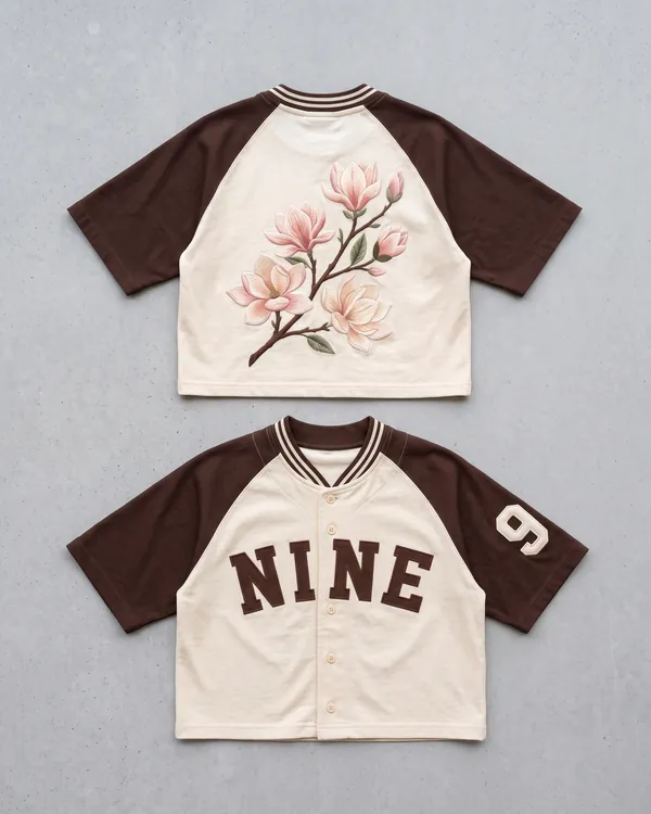 NINE cropped baseball jersey laid flat: a magnolia painted in thread on the back, and NINE in tackle twill on the front