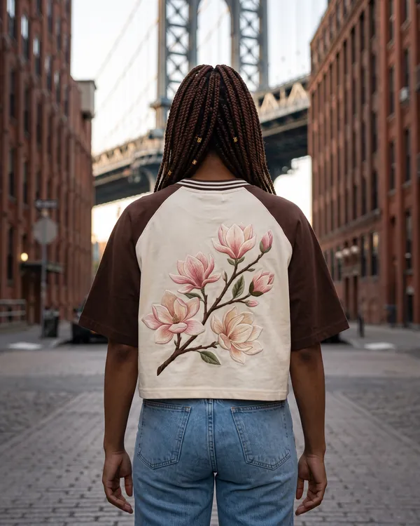 The NINE cropped jersey worn on a city street, seen from the back