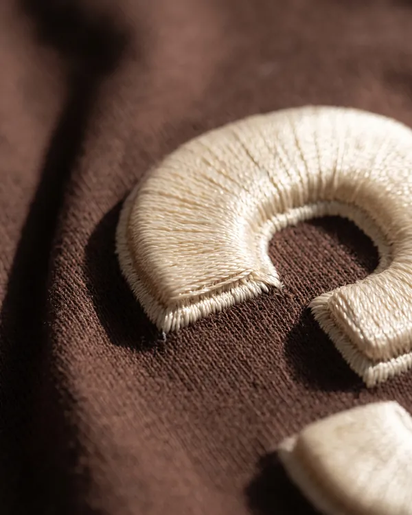 Cream 3D puff embroidered number 9 on brown fabric