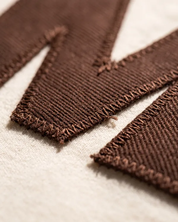 Brown tackle twill letters stitched onto cream fabric