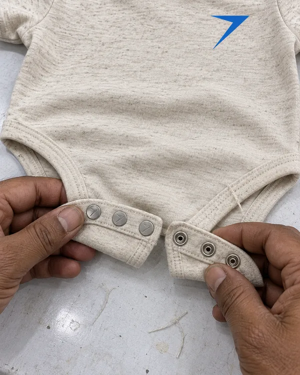 Hands hold open the snap tab of an oatmeal bodysuit, showing three silver snaps