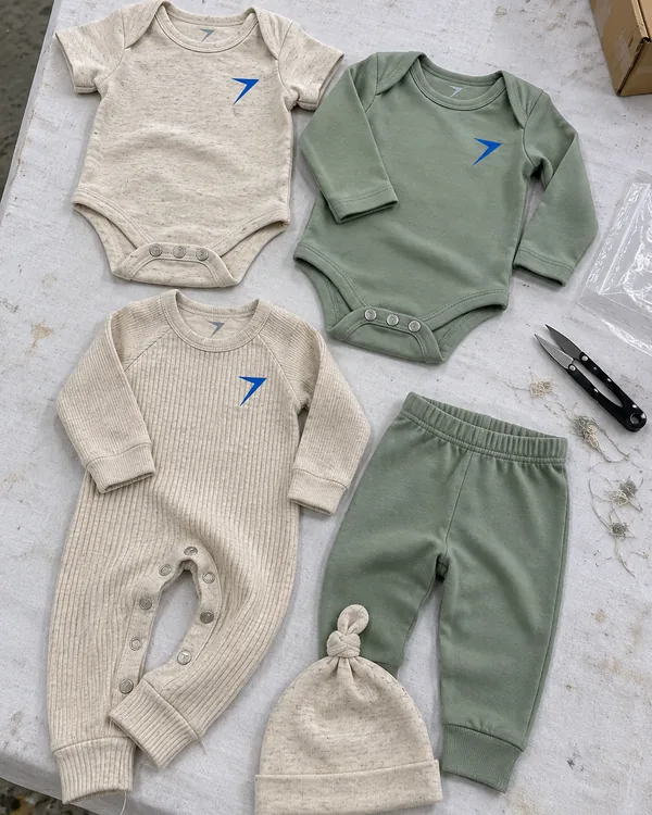 The PEBBLE baby set laid flat: oatmeal and sage bodysuits, an oatmeal rib romper, sage pants and a knot hat