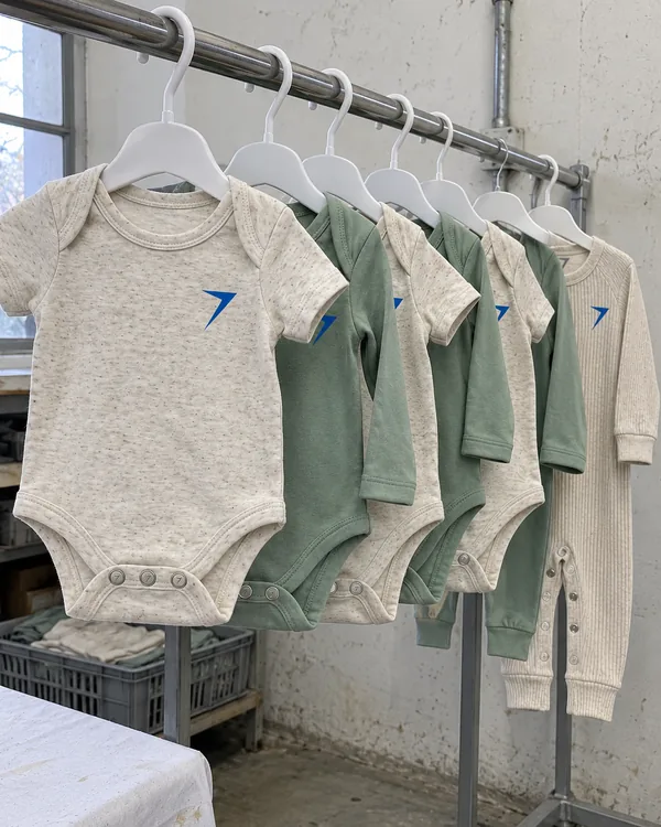 Baby clothes on a rail in a size run: bodysuits and rompers in oatmeal and sage, each with a blue bolt