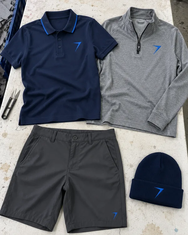 The PLAYBOOK coach set laid flat: a navy polo, a gray quarter-zip, charcoal coach shorts and a navy beanie