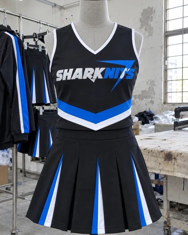 RALLY cheer uniform on a dress form in a factory: a black shell with SHARKNITS in sparkle twill and a blue and white chevron, over a pleated skirt