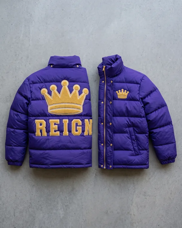 REIGN purple puffer jacket, front and back