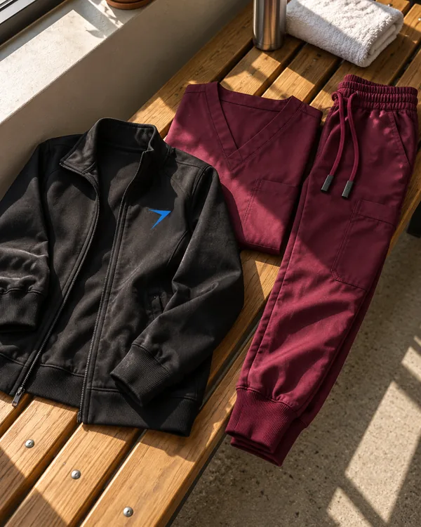 Black scrub jacket and wine jogger scrubs laid out on a wooden bench