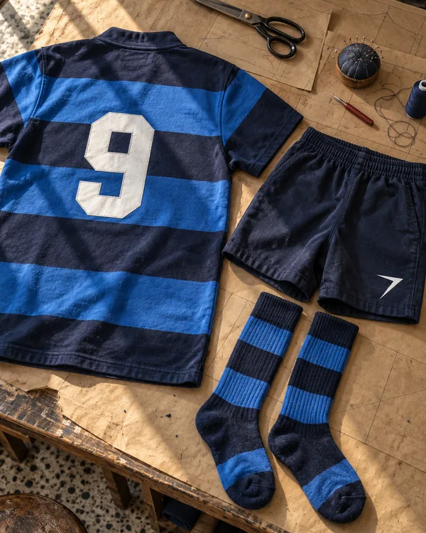 RUCK kit laid flat: hooped jersey with a white tackle twill 9 on the back, navy shorts with a white bolt, and hooped socks