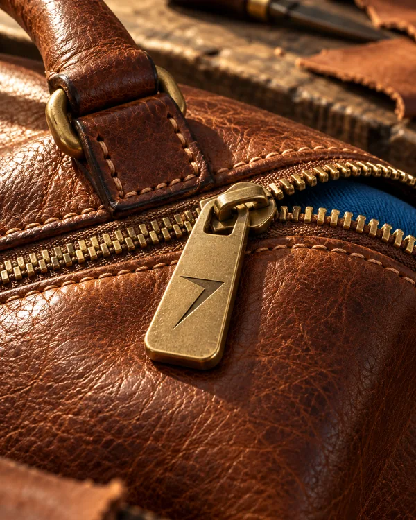 Close up of the SADDLE weekender: a brass zip puller pressed with the bolt, brass zip teeth and a hand stitched handle tab