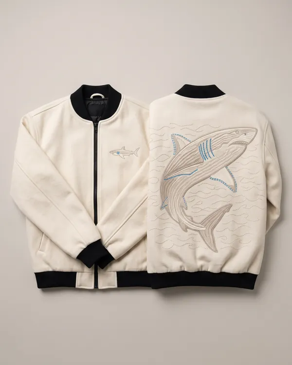 SHARK bone wool bomber, front and back: a small shark on the chest, and a large shark in tonal embroidery over chain stitch waves across the back